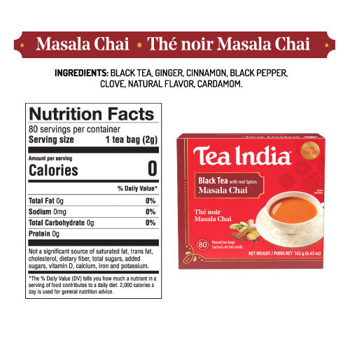 Tea India Masala Chai packaging with nutrition facts label on a white background