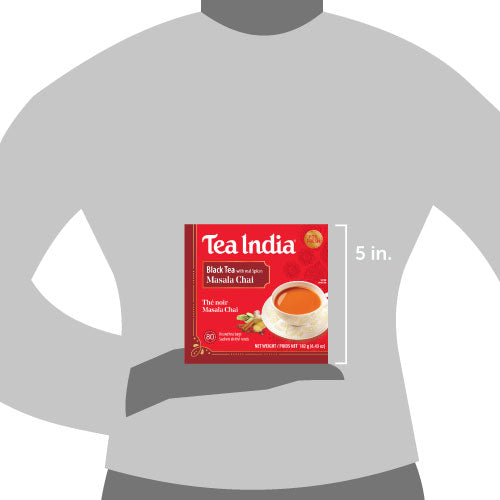 Tea India Masala Chai box on a gray t-shirt with dimensions indicated.