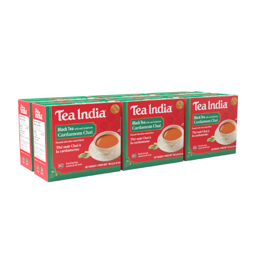 Six boxes of Tea India Black Tea with Cardamom Chai on a white background