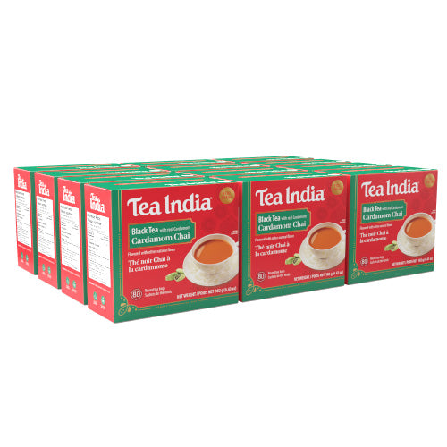 Twelve boxes of Tea India Black Tea with Cardamom Chai on a white background