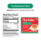 Tea India Cardamom Chai tea package with nutrition facts label on a white background