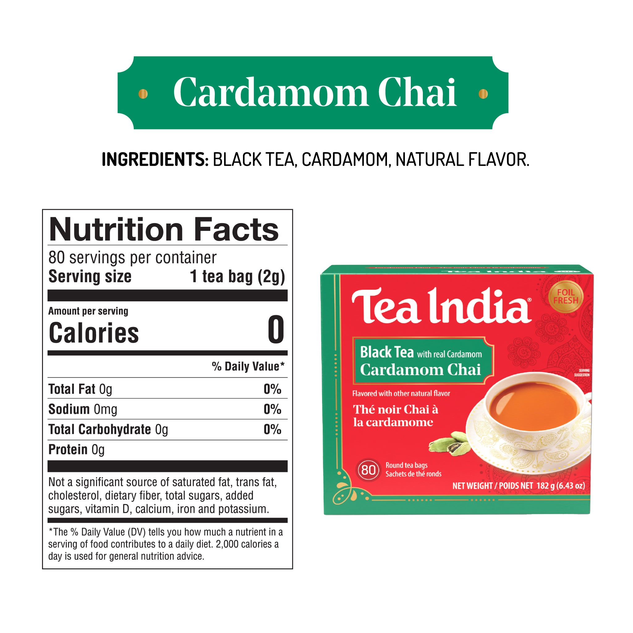 Tea India Cardamom Chai tea package with nutrition facts label on a white background