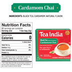 Tea India Cardamom Chai tea package with nutrition facts label on a white background