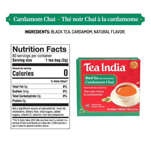 Cardamom Chai tea package with nutrition facts label on a white background