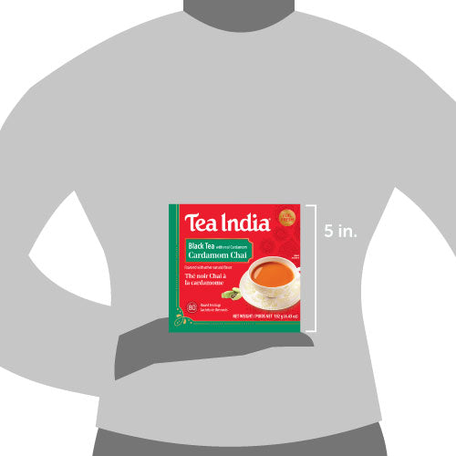 Tea India packaging on a gray t-shirt with dimensions indicated