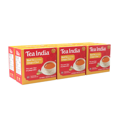 Six boxes of Tea India Black Tea with Ginger Chai on a white background