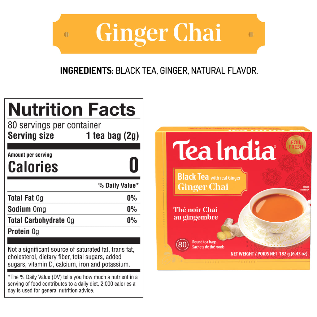 Tea India Ginger Chai tea package with nutrition facts label on a white background