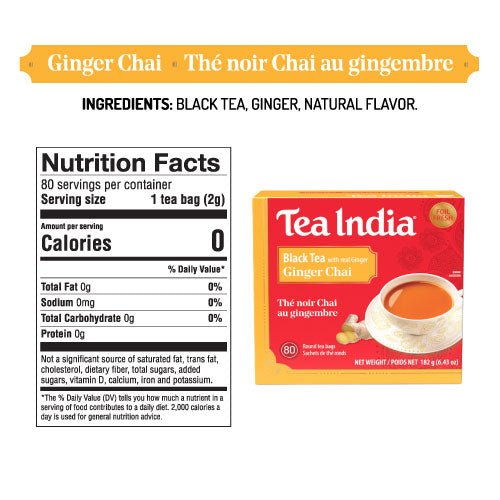Tea India Ginger Chai tea package with nutrition facts label on a white background