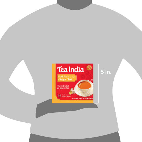 Tea India package on a gray t-shirt with dimensions indicated