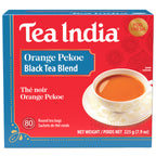 Tea India orange pekoe black tea box with 80 round tea bags.