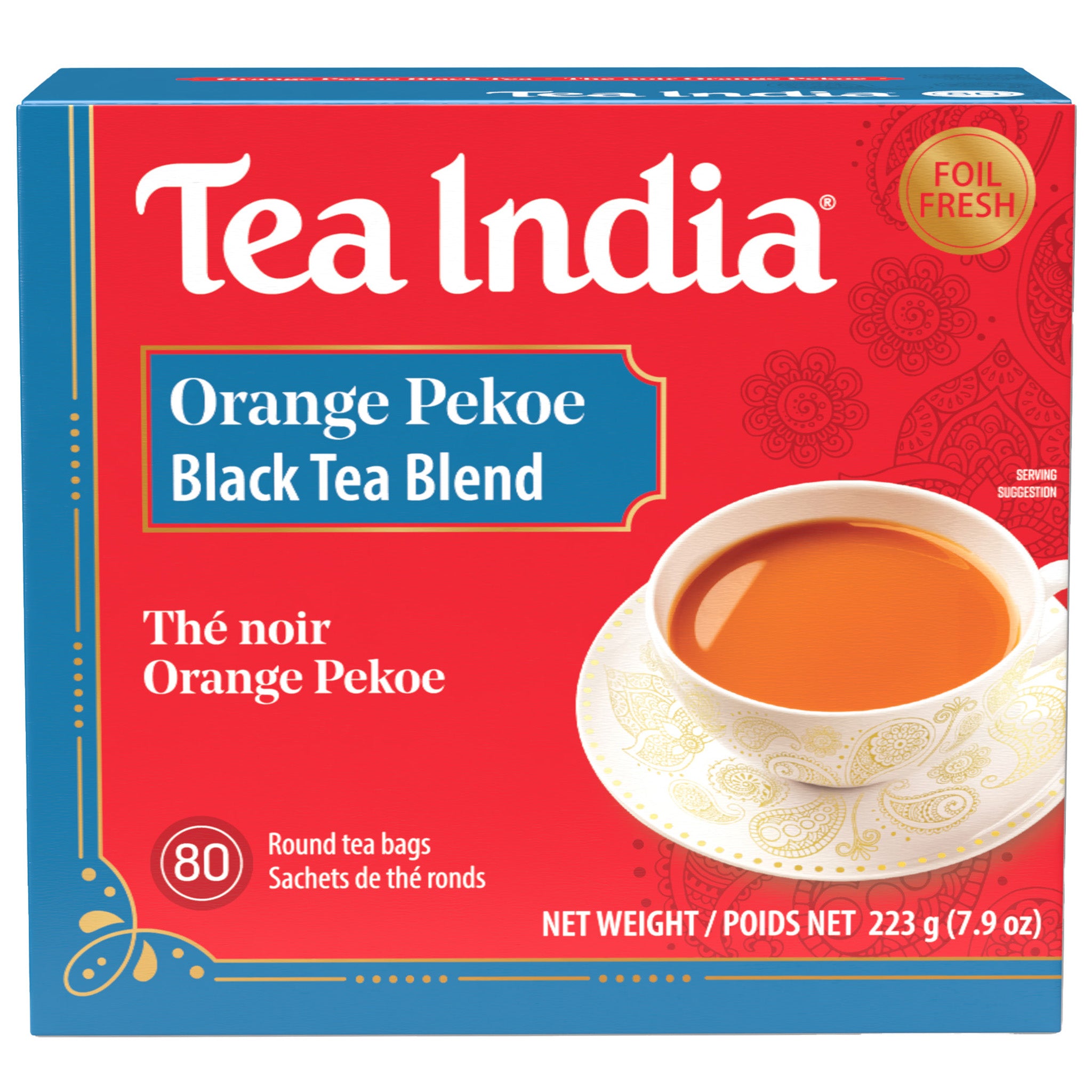 Tea India orange pekoe black tea box with 80 round tea bags.