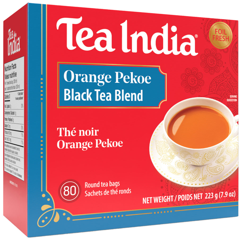 Box of Tea India Orange Pekoe Black Tea Blend with a cup of tea on the label.