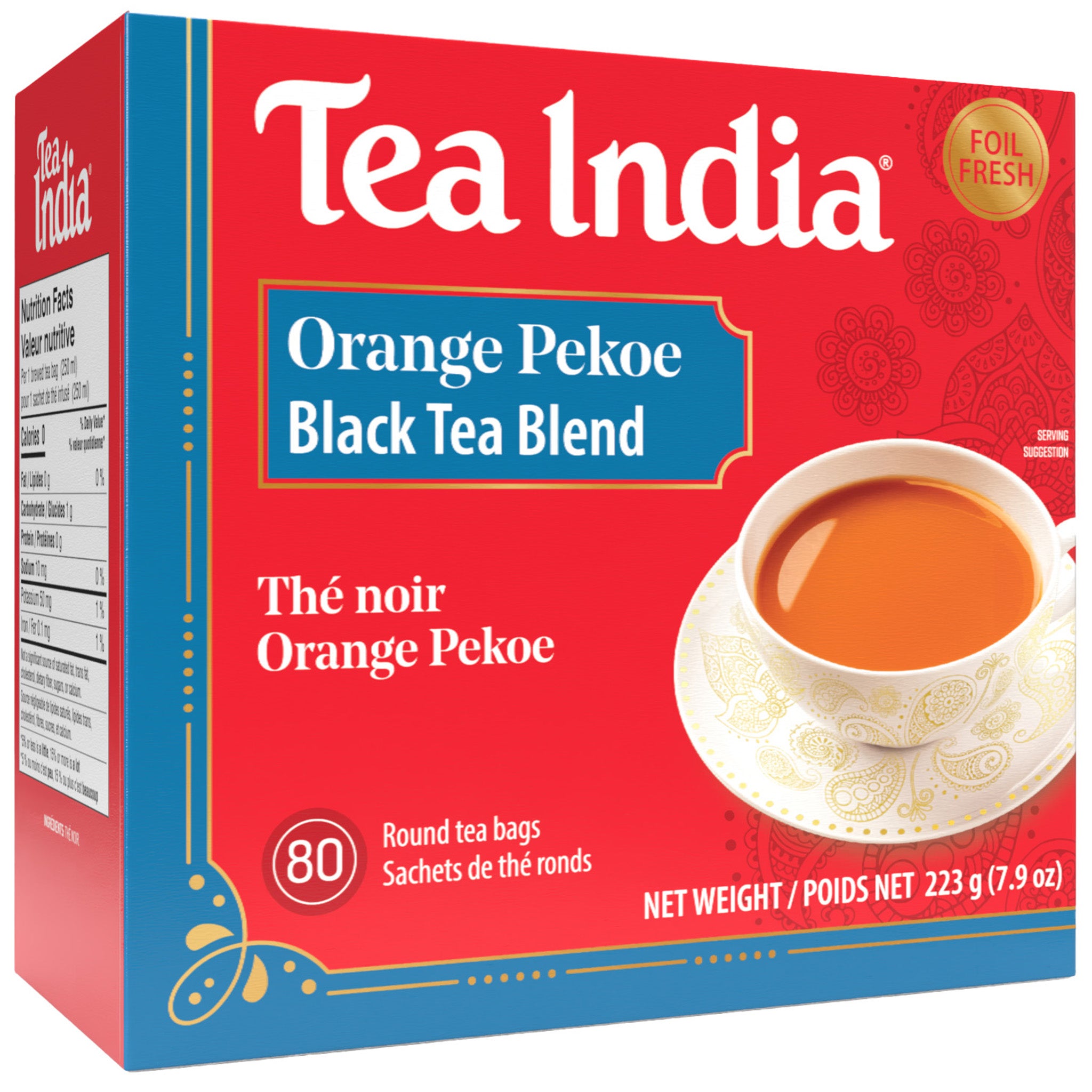Box of Tea India Orange Pekoe Black Tea Blend with a cup of tea on the label.