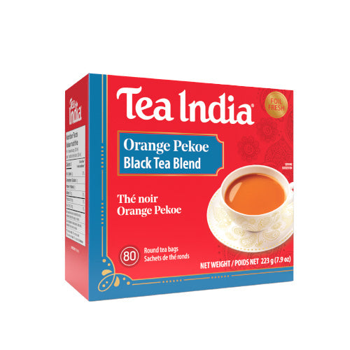 Tea India orange pekoe black tea box with 80 round tea bags.