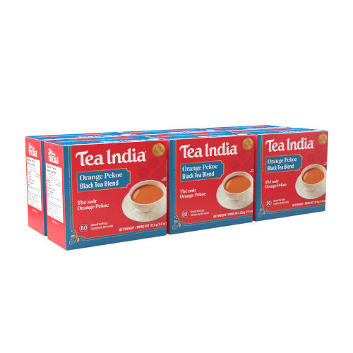 Six boxes of Tea India Orange Pekoe Black Tea Blend on a white background