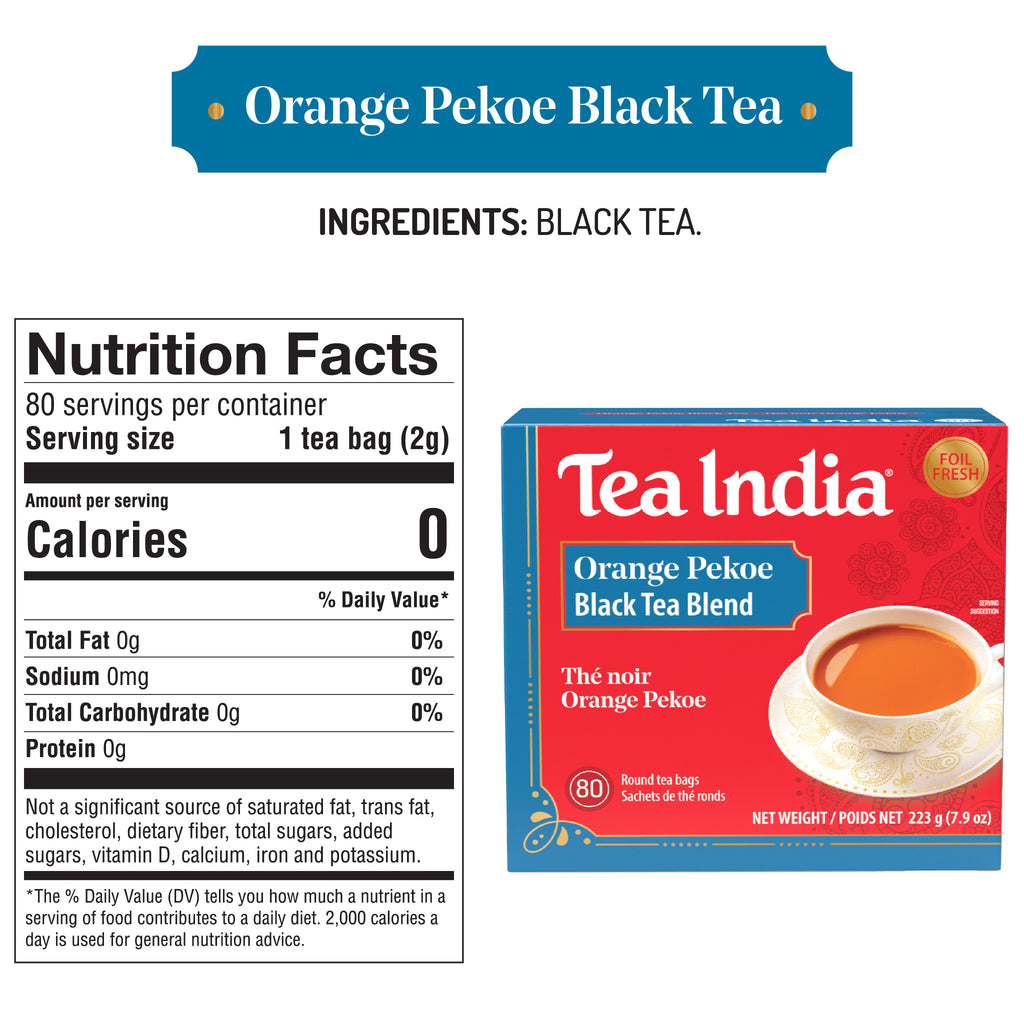 Tea India Orange Pekoe Black Tea package with nutrition facts label on a white background