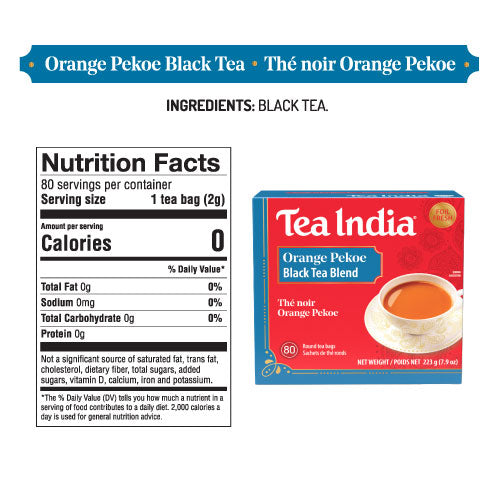 Tea India Orange Pekoe Black Tea package with nutrition facts label on a white background
