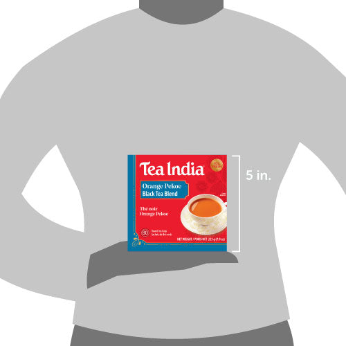 Tea India Orange Pekoe tea package on a gray t-shirt with dimensions indicated.