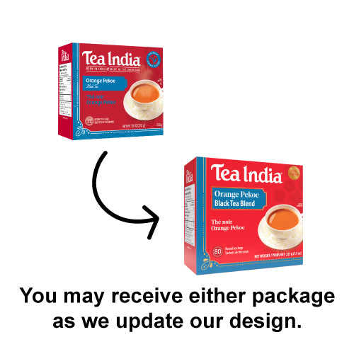 You may receive either package as we update our design. Tea India orange pekoe black tea box with 80 round tea bags.