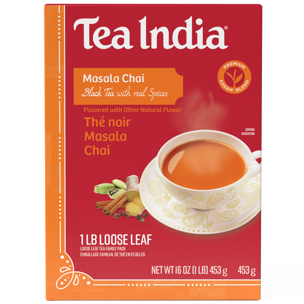 Tea India Masala Chai tea package with a cup of tea on a red background