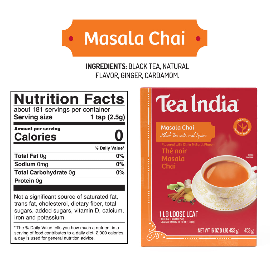 Tea India Masala Chai 1lb Loose Leaf pack with nutrition facts label and ingredients list showing zero calories per serving