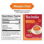 Tea India Masala Chai 1lb Loose Leaf pack with nutrition facts label and ingredients list showing zero calories per serving