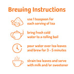 Instructions to brew the best Masala Chai loose leaf tea by Tea India, with step-by-step visuals and bilingual directions in English and French