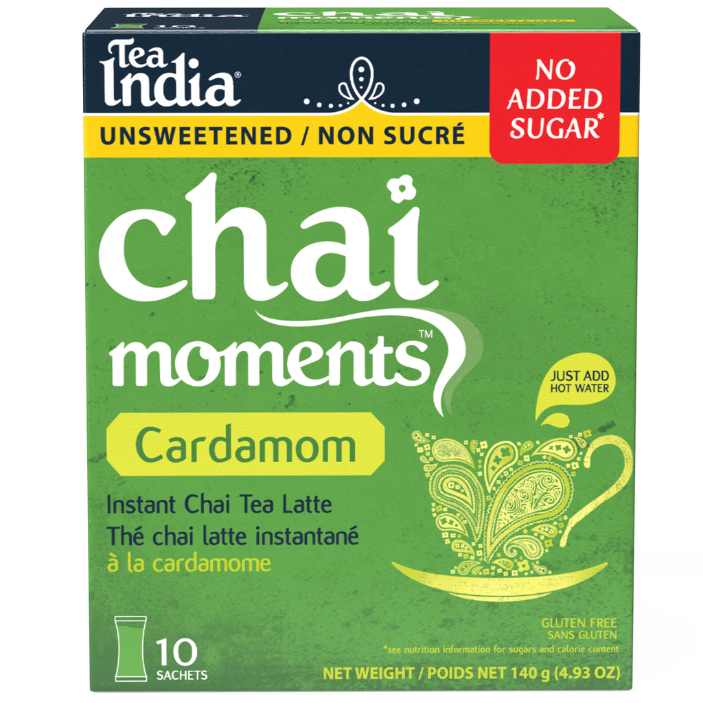 Box of Tea India Chai Moments unsweetened Cardamom instant chai tea latte with a nutrition facts panel and a "No Added Sugar" label
