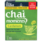 Box of Tea India Chai Moments unsweetened Cardamom instant chai tea latte with a nutrition facts panel and a "No Added Sugar" label