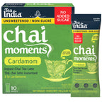 Tea India Chai Moments Cardamom packaging with an individual serving sachet on a white background