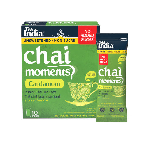 Tea India Chai Moments Cardamom packaging with an individual serving sachet on a white background