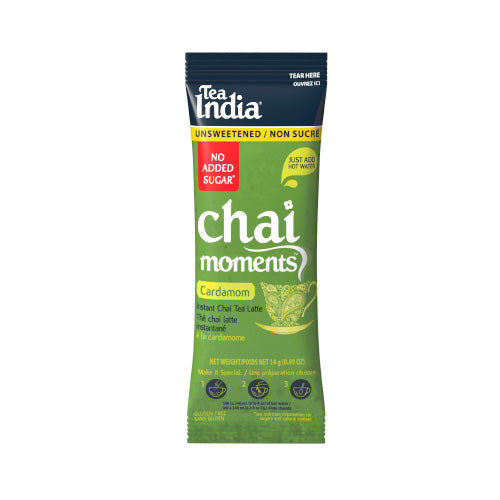 Tea India Chai Moments Unsweetened Cardamom instant chai tea latte individual serving sachet on a white background