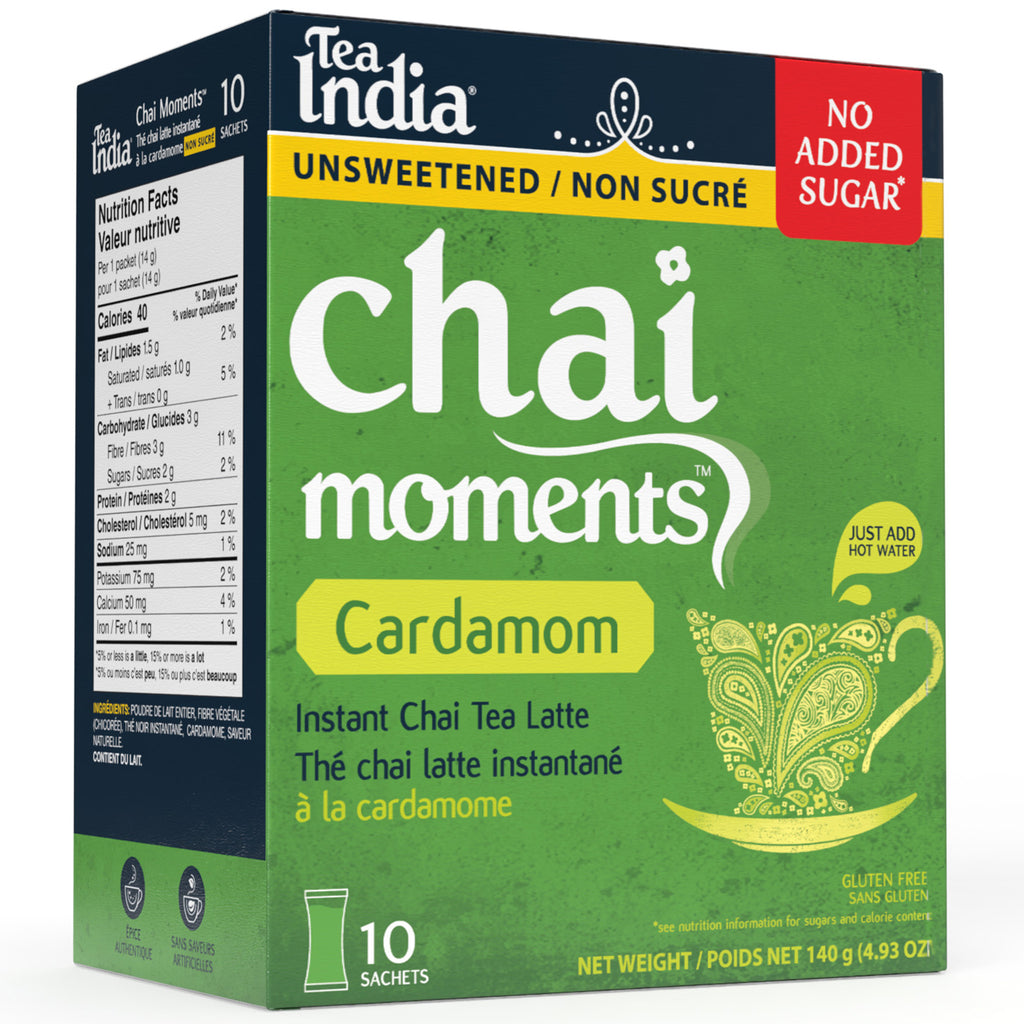 Box of Tea India Chai Moments unsweetened Cardamom instant chai tea latte with a nutrition facts panel and a "No Added Sugar" label