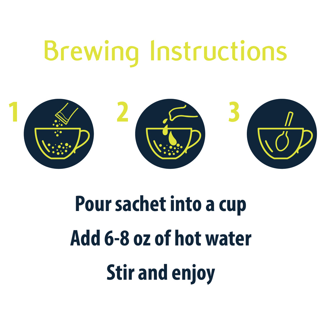 Three-step brewing instructions for Tea India Chai Moments Cardamom: pour contents, add 6 to 8 oz hot water, and stir