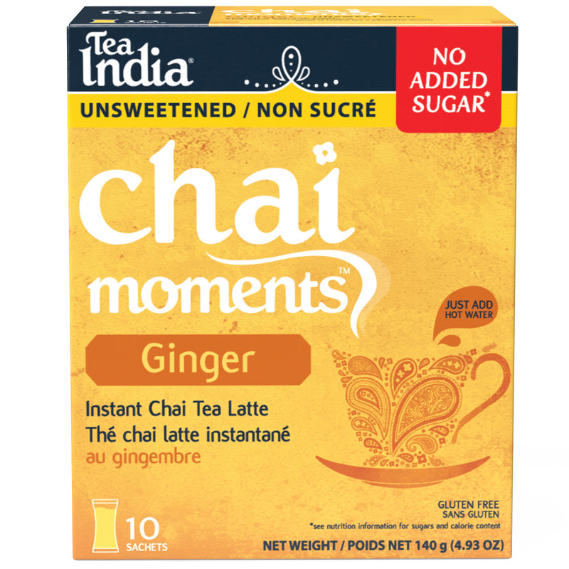 Box of Tea India Chai Moments Ginger instant chai tea latte with no added sugar on a white background.