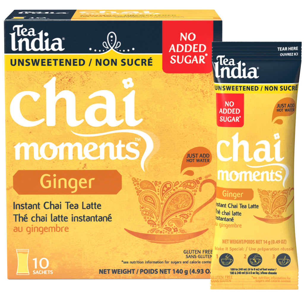 Box of Tea India Chai Moments Ginger instant chai tea latte and individual serving sachet with no added sugar on a white background.