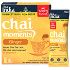 Box of Tea India Chai Moments Ginger instant chai tea latte and individual serving sachet with no added sugar on a white background.