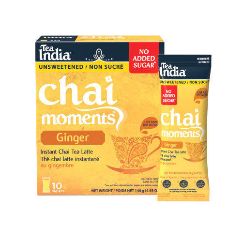 Box of Tea India Chai Moments Ginger instant chai tea latte and individual serving sachet with no added sugar on a white background.