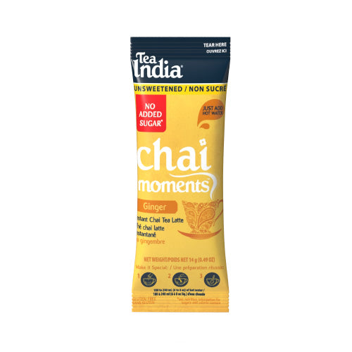 Tea India Chai Moments ginger instant chai tea latte individual serving sachet on a white background