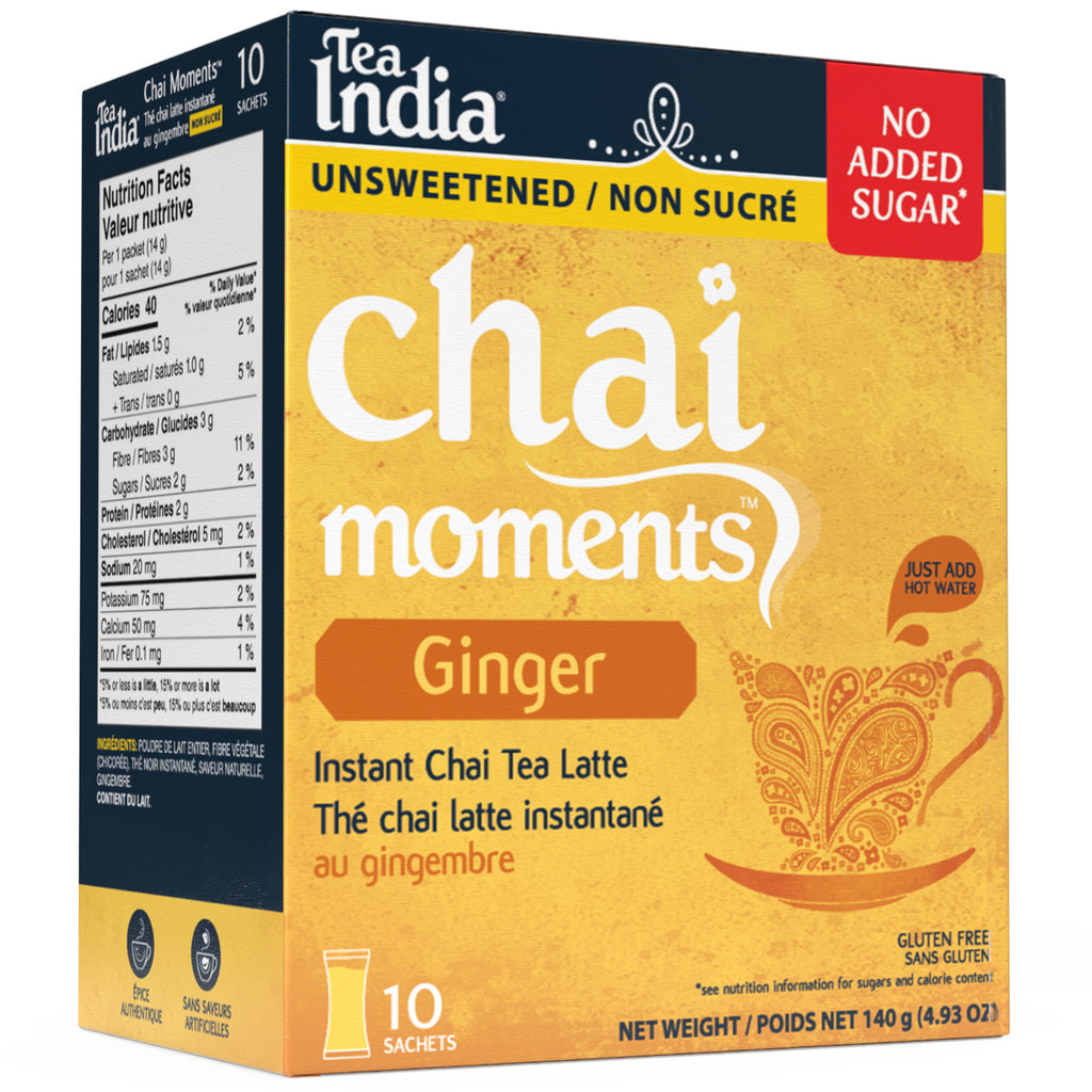 Box of Tea India Chai Moments unsweetened ginger instant chai tea latte with "No Added Sugar" and a nutrition facts panel