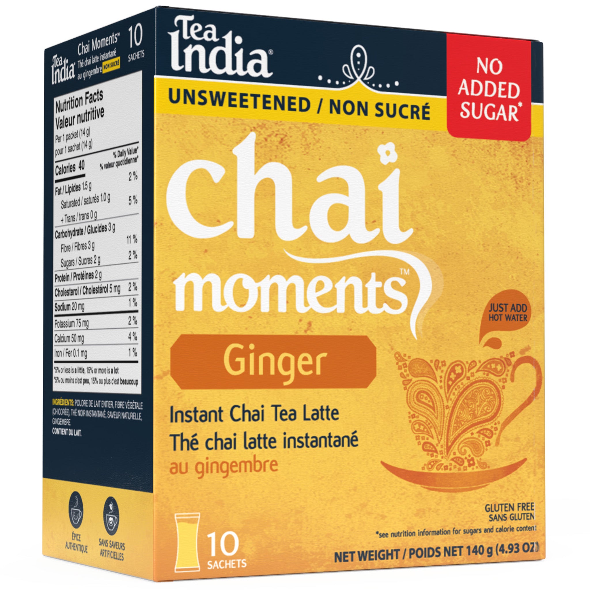 Box of Tea India Chai Moments unsweetened ginger instant chai tea latte with "No Added Sugar" and a nutrition facts panel