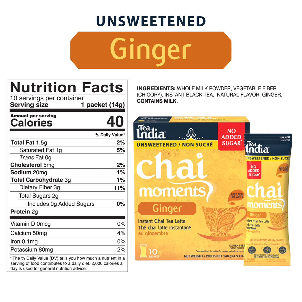 Unsweetened Tea India Chai Moments Ginger instant latte with nutrition facts showing 40 calories per sachet and "No Added Sugar."