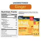 Unsweetened Tea India Chai Moments Ginger instant latte with nutrition facts showing 40 calories per sachet and "No Added Sugar."