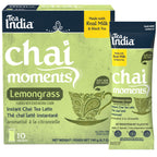 Tea India Chai Moments Lemongrass instant chai tea latte packaging with an individual serving sachet on a white background