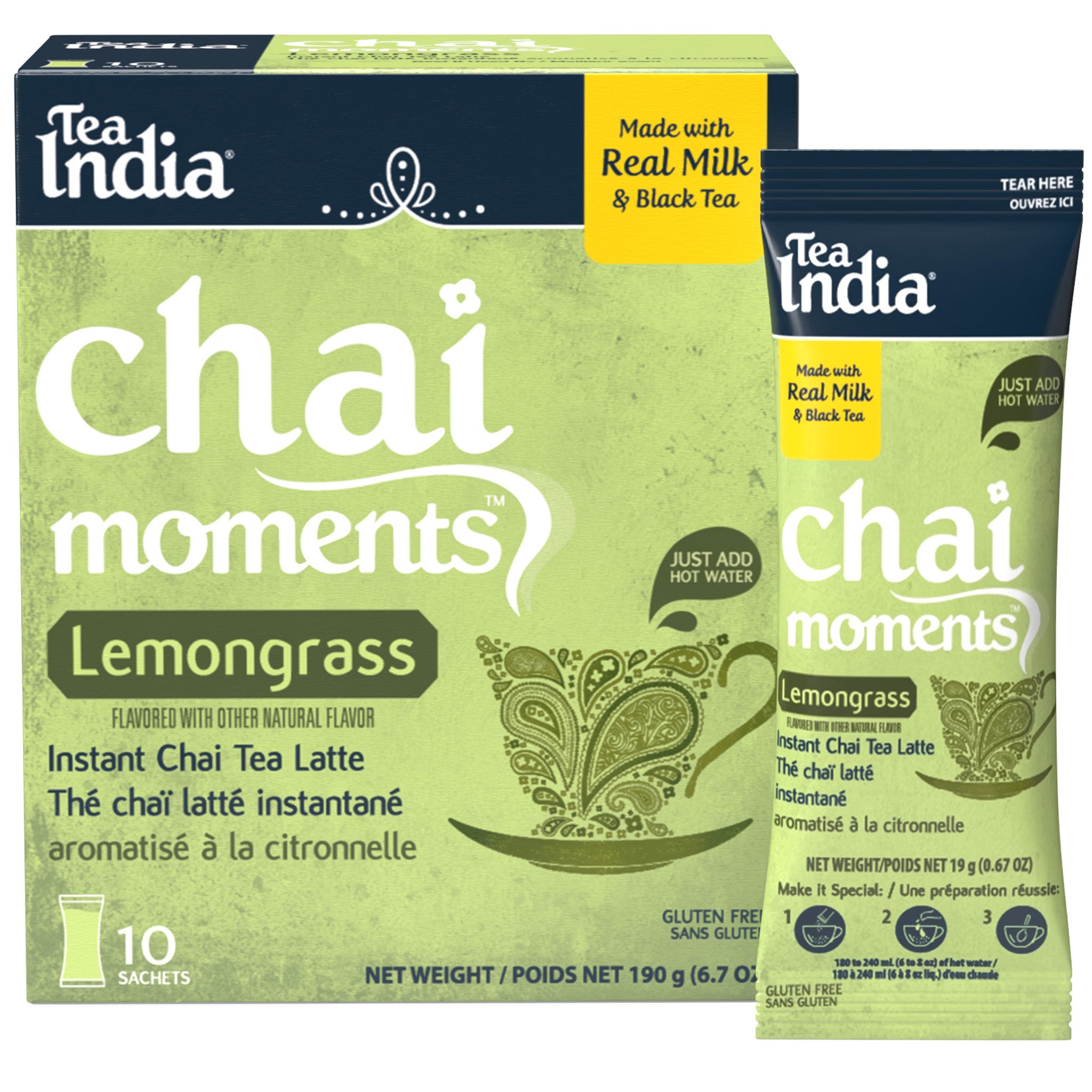 Tea India Chai Moments Lemongrass instant chai tea latte packaging with an individual serving sachet on a white background