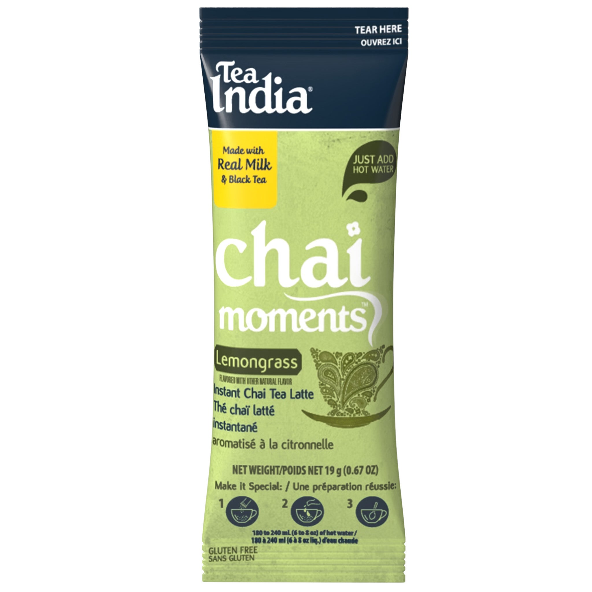 Tea India Chai Moments Lemongrass instant chai tea latte individual serving sachet on a white background