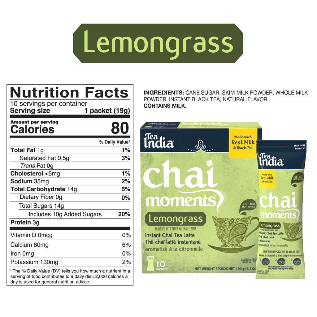 Chai Moments Lemongrass instant tea latte packaging with nutrition facts label and ingredient statement