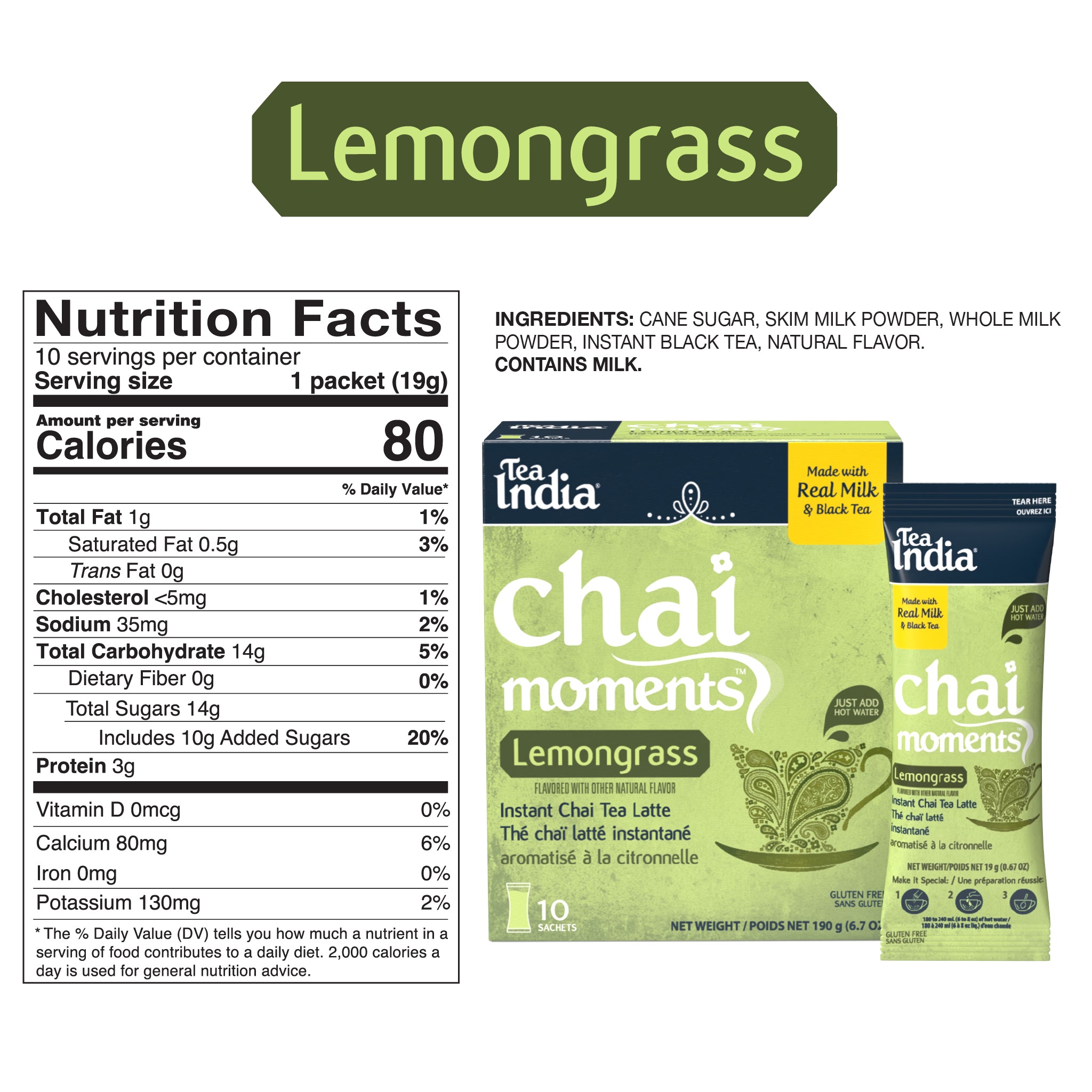 Chai Moments Lemongrass instant tea latte packaging with nutrition facts label and ingredient statement