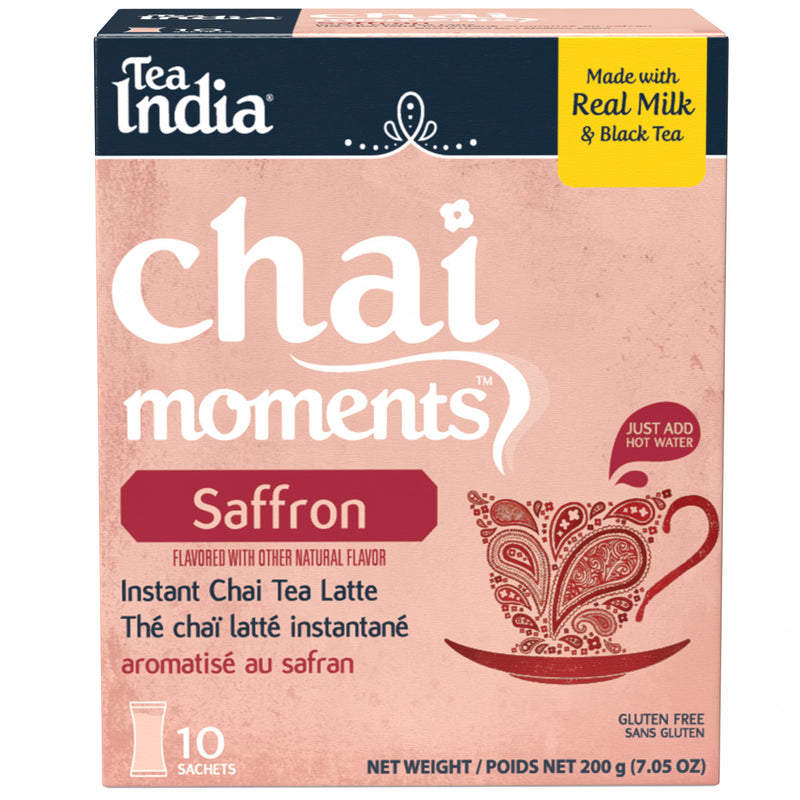 Box of Tea India Chai Moments Saffron instant chai tea latte on a white background