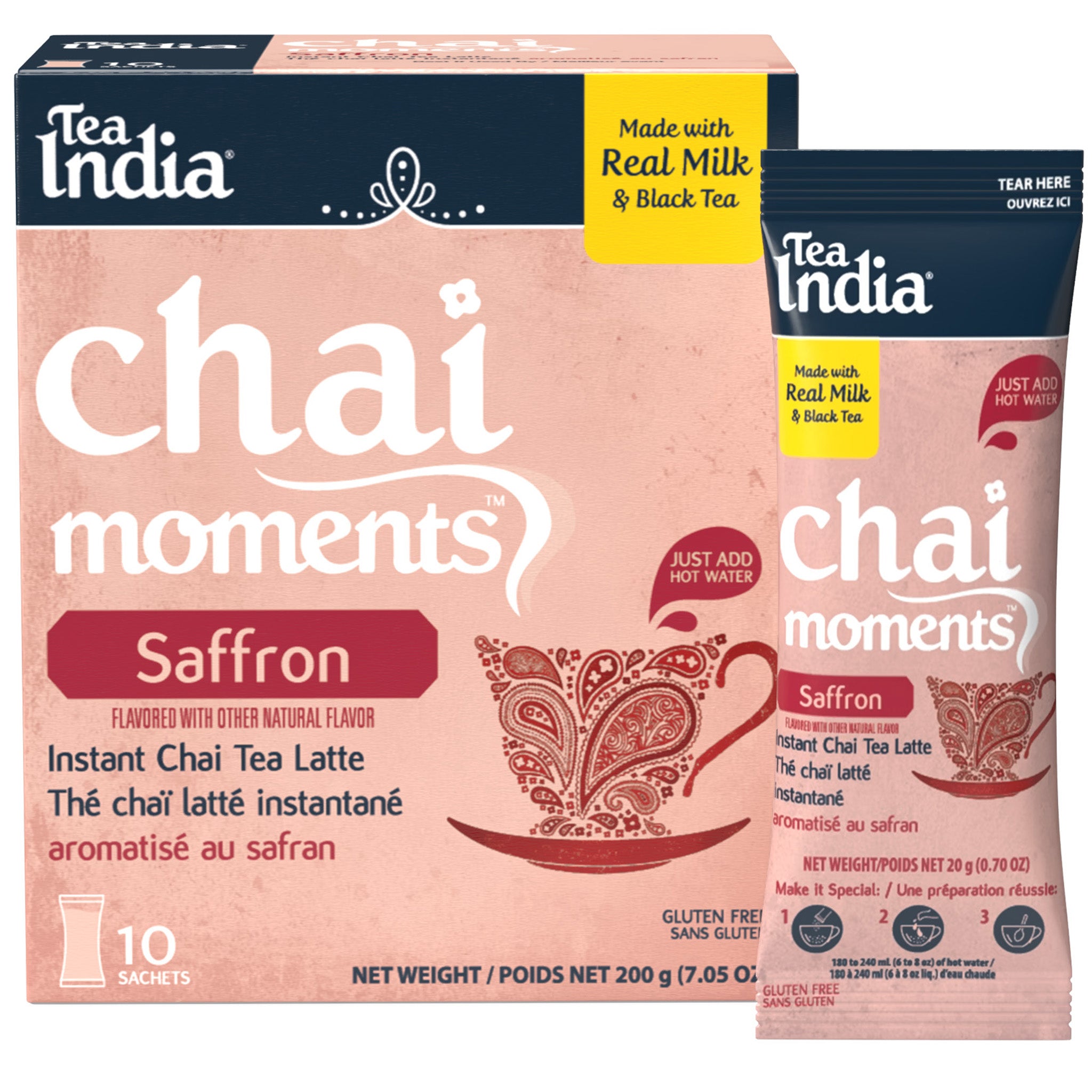 Tea India Chai Moments Saffron instant chai tea latte packaging with an individual serving sachet on a white background